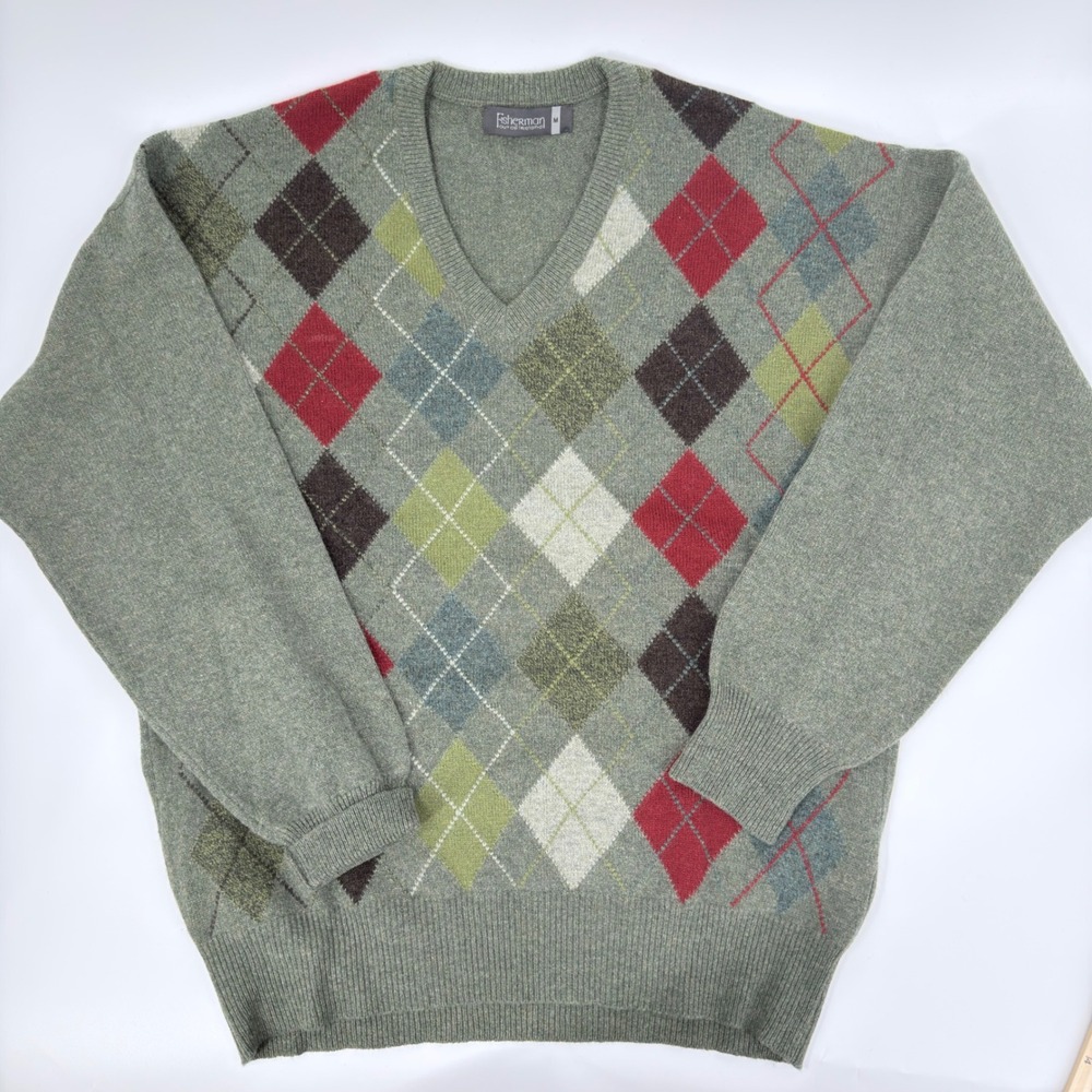 Fisherman Out of Ireland Sweater Argyle V-Neck Modern Mens Size M Green Multi